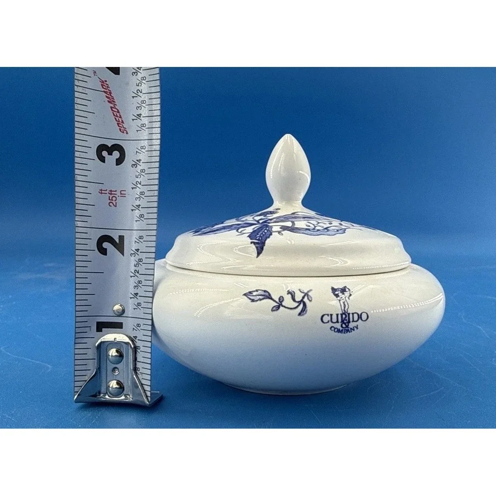 Blue & White Floral Ceramic Sugar Bowl w/Lid Glossy Finish Trinket Dish Curido